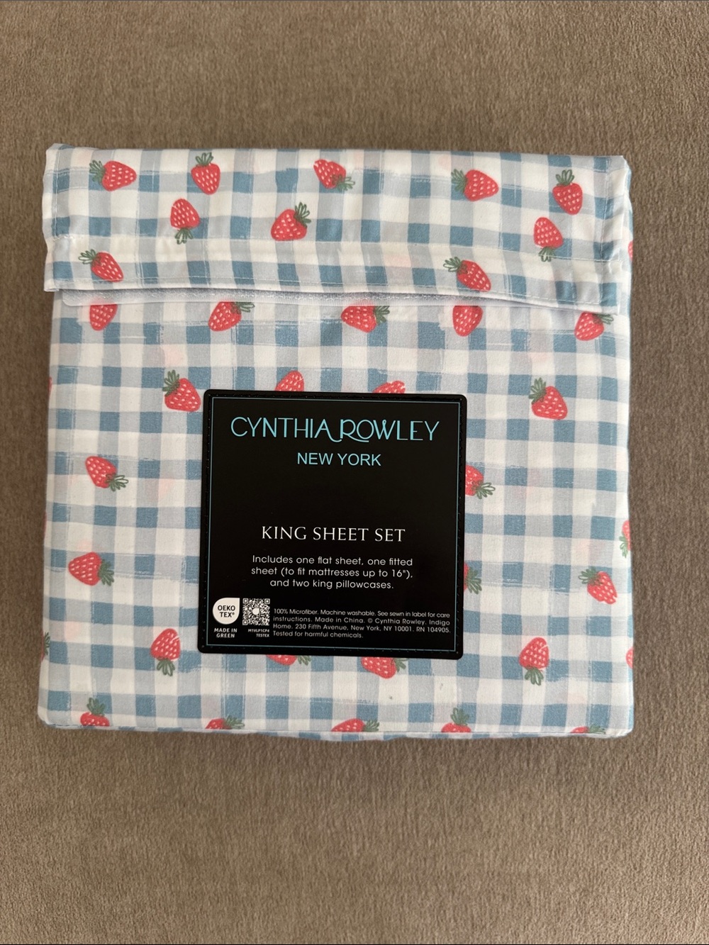 Cynthia Rowley Blue Gingham with Red Strawberry King Sheet Set